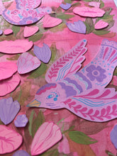Load image into Gallery viewer, Spring Folk Inspired Birds with Pink Flowers Original Mixed Media Painting