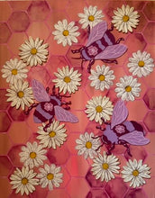 Load image into Gallery viewer, Flying Bees on Honeycomb Pattern with Daisy Flowers Original Mixed Media Painting