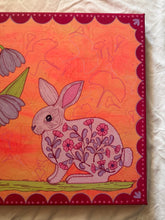 Load image into Gallery viewer, Pink Folk Floral Bunny Rabbit with Gingko Linen Fabric Original Mixed Media Painting