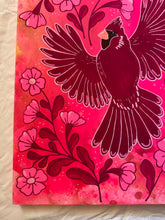 Load image into Gallery viewer, Flying Cardinal Bird with Art Nouveau Flowers Original Mixed Media Painting