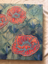 Load image into Gallery viewer, Embroidered Poppies on Art Deco Canvas Original Mixed Media Painting