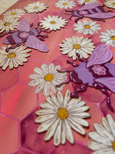 Load image into Gallery viewer, Flying Bees on Honeycomb Pattern with Daisy Flowers Original Mixed Media Painting