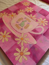 Load image into Gallery viewer, Vibrant Pink Tea Cup with Bunny Afternoon Tea Original Mixed Media Painting