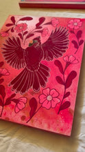 Load image into Gallery viewer, Flying Cardinal Bird with Art Nouveau Flowers Original Mixed Media Painting
