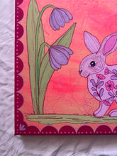 Load image into Gallery viewer, Pink Folk Floral Bunny Rabbit with Gingko Linen Fabric Original Mixed Media Painting