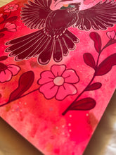 Load image into Gallery viewer, Flying Cardinal Bird with Art Nouveau Flowers Original Mixed Media Painting