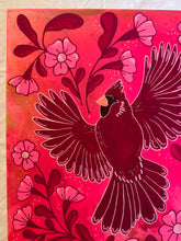 Load image into Gallery viewer, Flying Cardinal Bird with Art Nouveau Flowers Original Mixed Media Painting