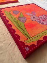 Load image into Gallery viewer, Pink Folk Floral Bunny Rabbit with Gingko Linen Fabric Original Mixed Media Painting