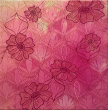 Load image into Gallery viewer, Embroidered Art Deco Pink Flowers on Linen Canvas Original Mixed Media Painting