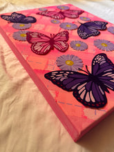 Load image into Gallery viewer, Flying Monarch Butterflies on Argyle Pattern with Aster Flowers Original Mixed Media Painting