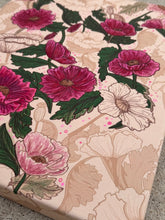 Load image into Gallery viewer, Pink Poppy Flowers on Soft Linen Fabric Original Mixed Media Painting