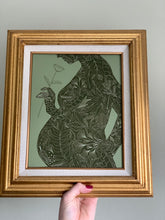 Load image into Gallery viewer, Vintage-inspired pregnancy silhouette art print with botanical accents—perfect for announcing a new baby in an artful, gentle way