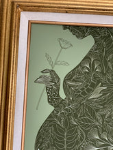 Load image into Gallery viewer, Vintage-inspired pregnancy silhouette art print with botanical accents—perfect for announcing a new baby in an artful, gentle way