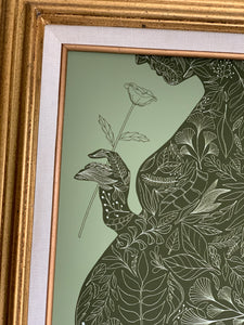 Vintage-inspired pregnancy silhouette art print with botanical accents—perfect for announcing a new baby in an artful, gentle way