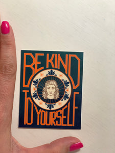 Art Deco-style matte sticker reading ‘Be Kind to Yourself’ with geometric patterns and warm tones—perfect for self-love and vintage lovers.