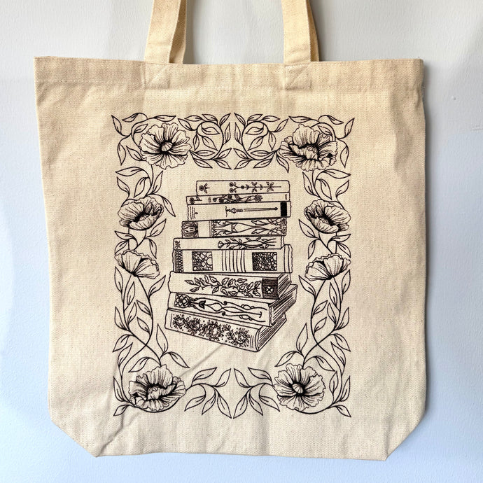 Vintage Stack of Books Design With Poppies Screen Print Canvas Tote Bag