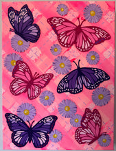 Load image into Gallery viewer, Flying Monarch Butterflies on Argyle Pattern with Aster Flowers Original Mixed Media Painting
