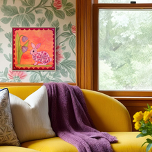 Load image into Gallery viewer, Pink Folk Floral Bunny Rabbit with Gingko Linen Fabric Original Mixed Media Painting