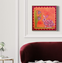 Load image into Gallery viewer, Pink Folk Floral Bunny Rabbit with Gingko Linen Fabric Original Mixed Media Painting