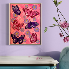 Load image into Gallery viewer, Flying Monarch Butterflies on Argyle Pattern with Aster Flowers Original Mixed Media Painting