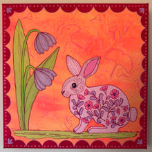 Load image into Gallery viewer, Pink Folk Floral Bunny Rabbit with Gingko Linen Fabric Original Mixed Media Painting