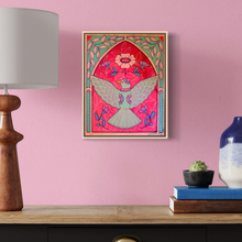 Load image into Gallery viewer, Spring Folk Inspired Flying Bird with Art Deco Frame Original Mixed Media Painting
