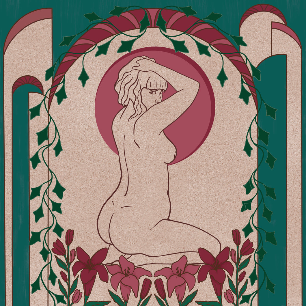 Elegant giclée art print of a stylized woman with pink lilies—merging floral softness with empowered Art Deco design.