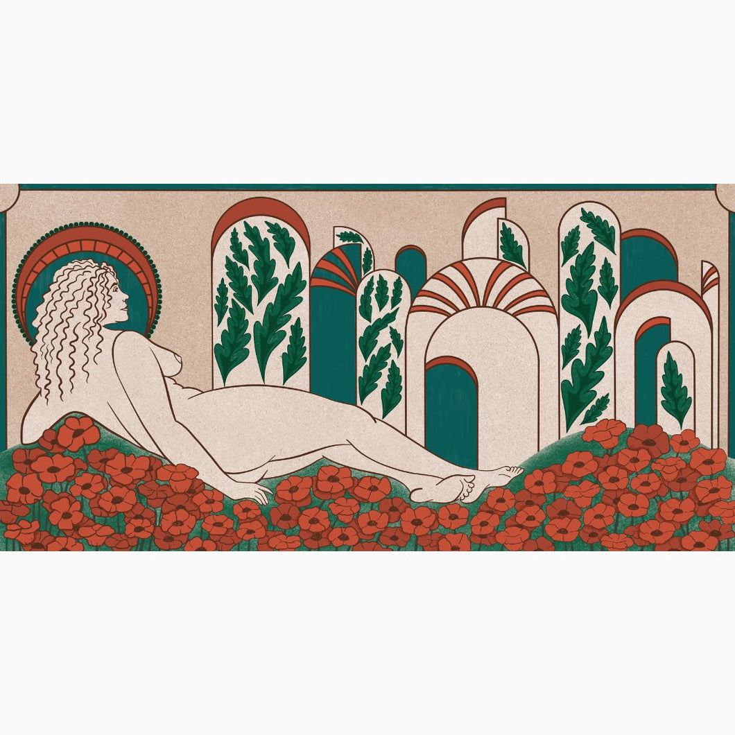 Feminine portrait print featuring a poppy-adorned woman in Art Deco styling—symbolizing resilience, beauty, and vintage flair.