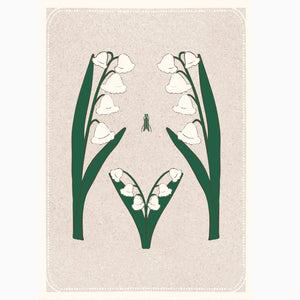Delicate female torso illustration paired with Lily of the Valley blooms—symbolizing purity, healing, and feminine grace.