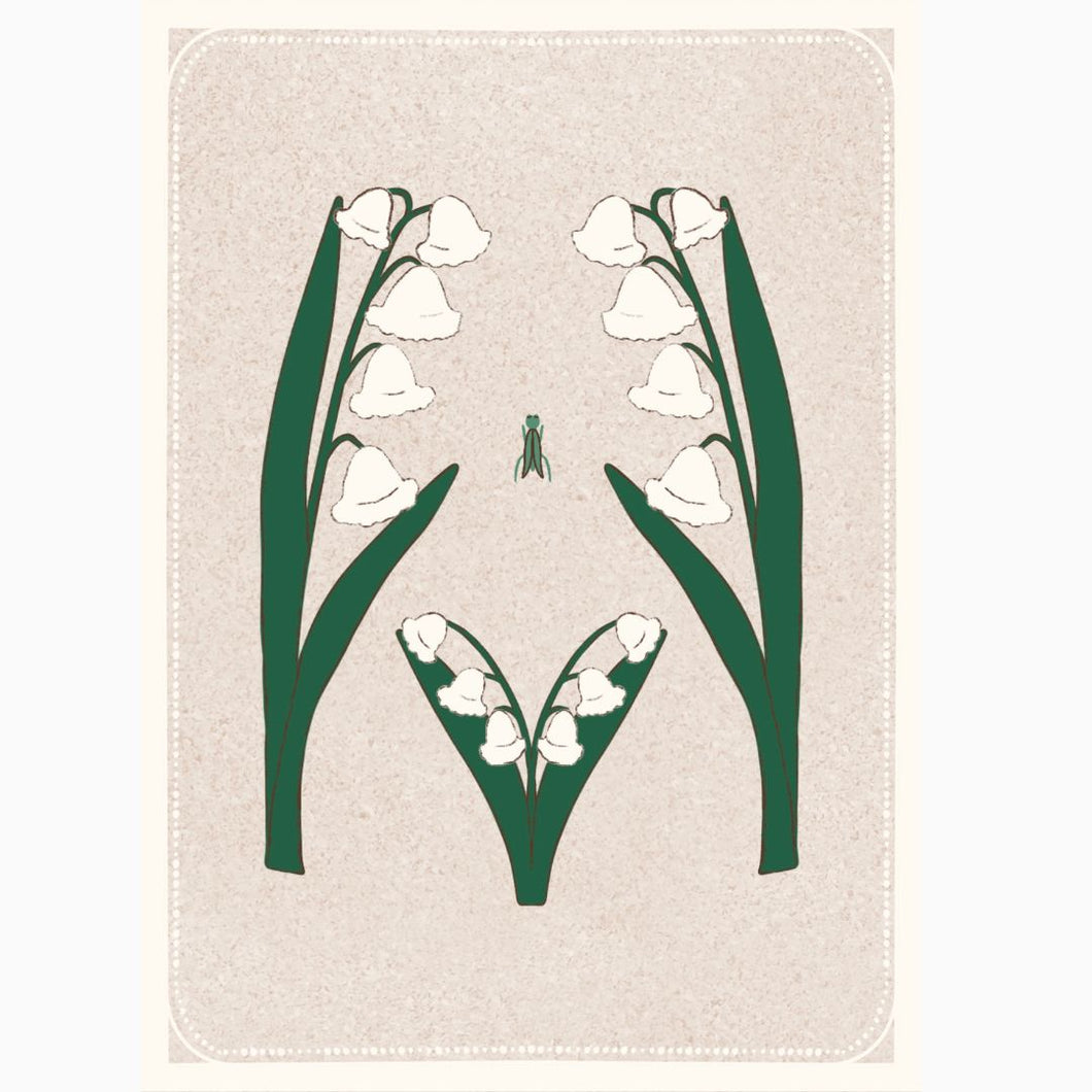 Delicate female torso illustration paired with Lily of the Valley blooms—symbolizing purity, healing, and feminine grace.