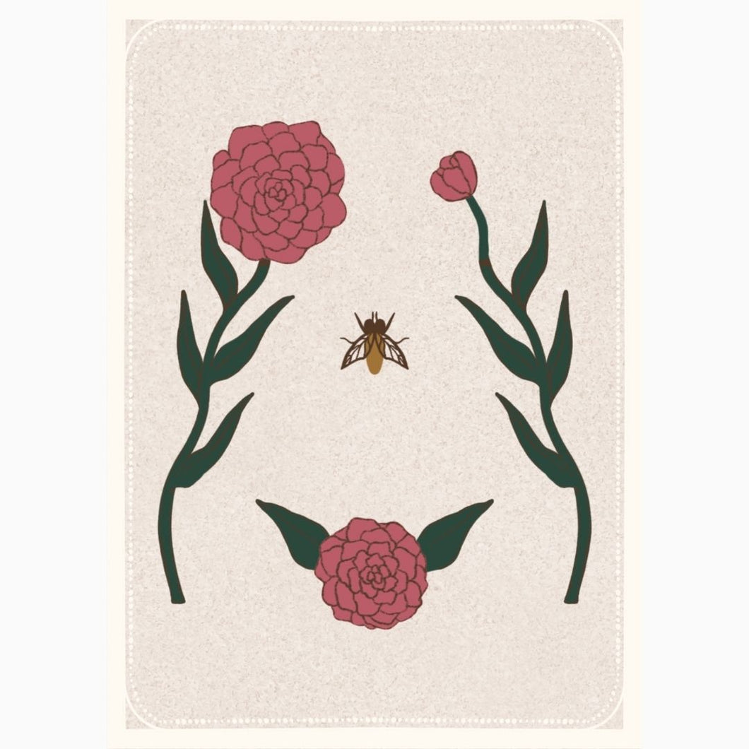 Woman’s torso adorned with peonies—representing abundance, femininity, and vintage botanical elegance.