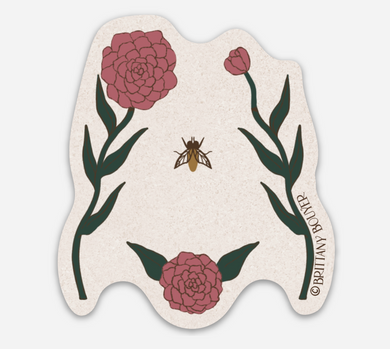 Delicate sticker illustrating a woman’s torso with blooming wildflowers in vintage style—celebrating body positivity and nature’s strength.