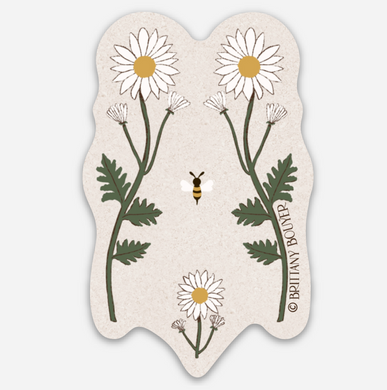 Delicate sticker illustrating a woman’s torso with blooming wildflowers in vintage style—celebrating body positivity and nature’s strength.