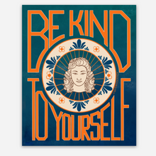 Load image into Gallery viewer, Art Deco-style matte sticker reading ‘Be Kind to Yourself’ with geometric patterns and warm tones—perfect for self-love and vintage lovers.