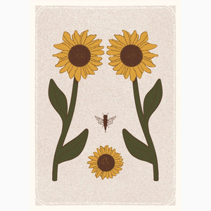 Mini giclée art print from the ‘Bodies are Beautiful’ collection—women’s torso illustrated with blooming sunflowers in a soft, vintage palette.