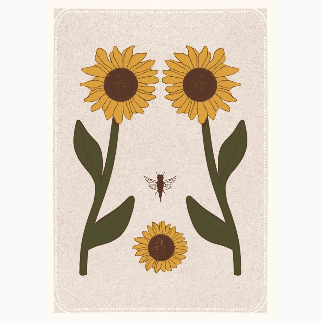 Mini giclée art print from the ‘Bodies are Beautiful’ collection—women’s torso illustrated with blooming sunflowers in a soft, vintage palette.