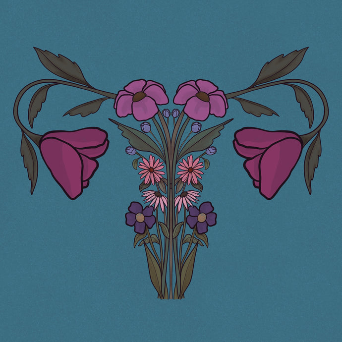Blue Jewel Tone Wildflower Uterus Body Anatomy Giclée Art Print