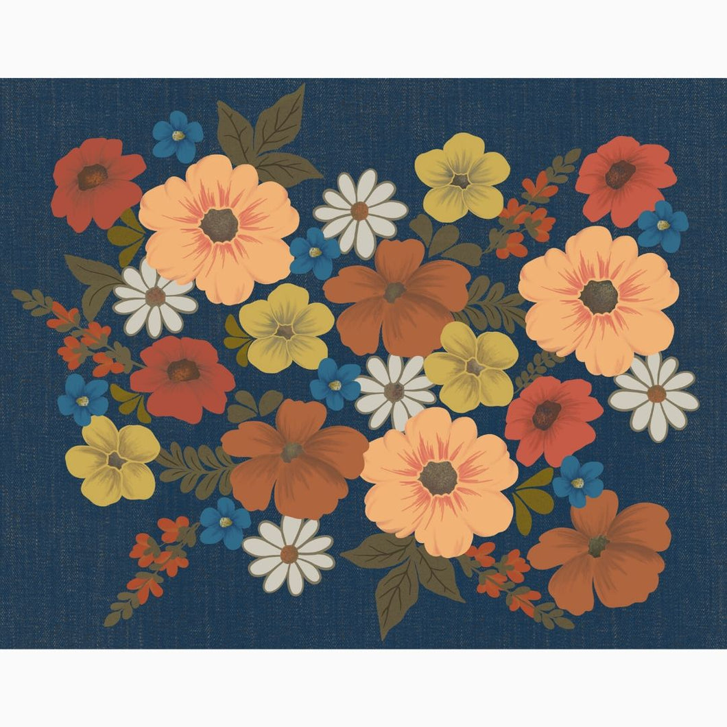 Vintage Inspired Warm Orange Florals Navy Blue Art Print