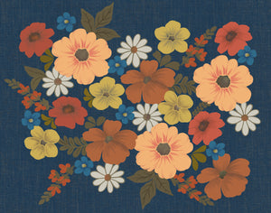Vintage Inspired Warm Orange Florals Navy Blue Art Print