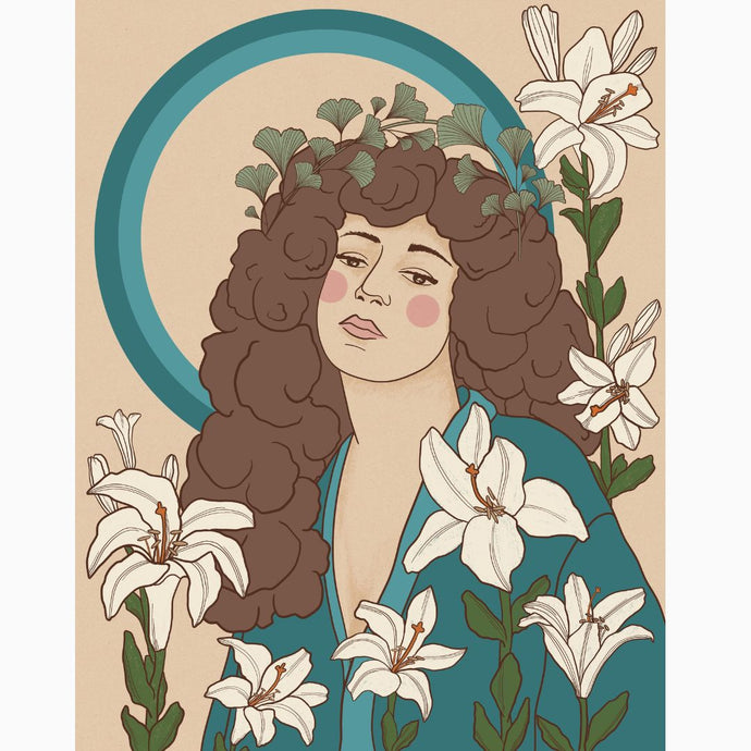 Elegant self-love portrait featuring a woman with lilies—vintage-style empowerment print for reflective, feminine spaces.